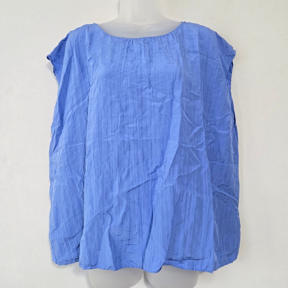 Eileen Fisher Top Women L Blue Silk Crinkle Oversized Minimalist Quiet Luxury